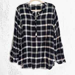 Talbots Black & White Plaid V-Neck Rayon Long Sleeve Blouse Top Size XL